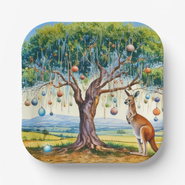Kangaroo under gumtree with Christmas baubles Paper Plate (Front)