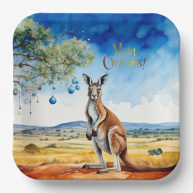 Kangaroo under gumtree with Christmas baubles Paper Plate (Front)
