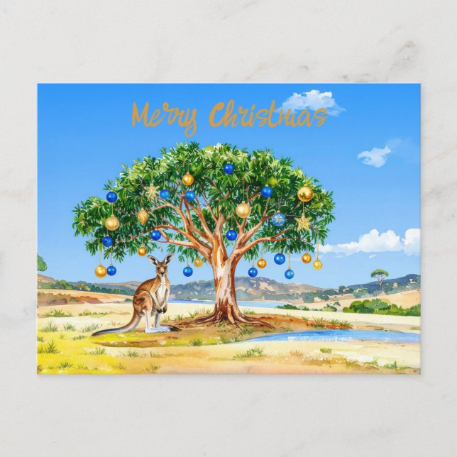 Kangaroo under gumtree with Christmas baubles Postcard (Front)