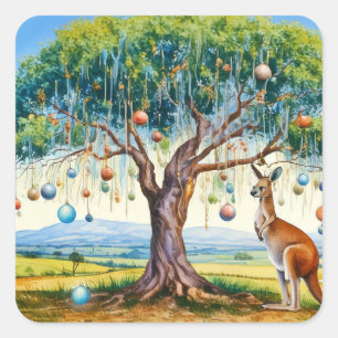 Kangaroo under gumtree with Christmas baubles Square Sticker