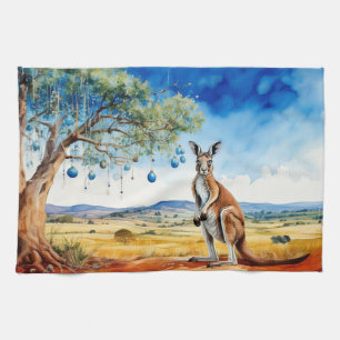 Kangaroo under gumtree with Christmas baubles Tea Towel