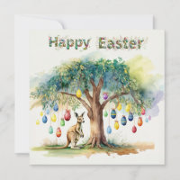 Kangaroo under gumtree with Easter eggs