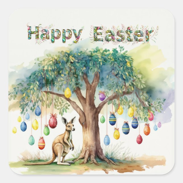 Kangaroo under gumtree with Easter eggs Square Sticker (Front)