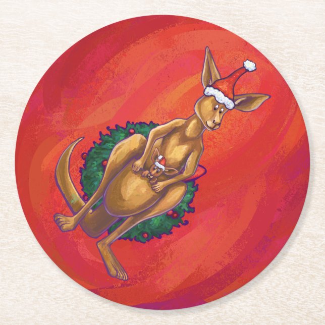 Kangaroo Xmas On Red Round Paper Coaster (Front)