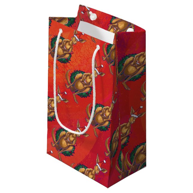 Kangaroo Xmas On Red Small Gift Bag (Front Angled)