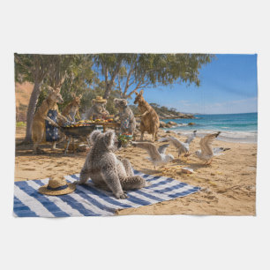 Kangaroos and Koalas Beach BBQ Tea Towel