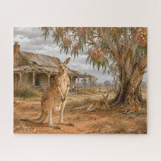 Kangaroos by Abandoned Farmhouse Country Jigsaw Puzzle