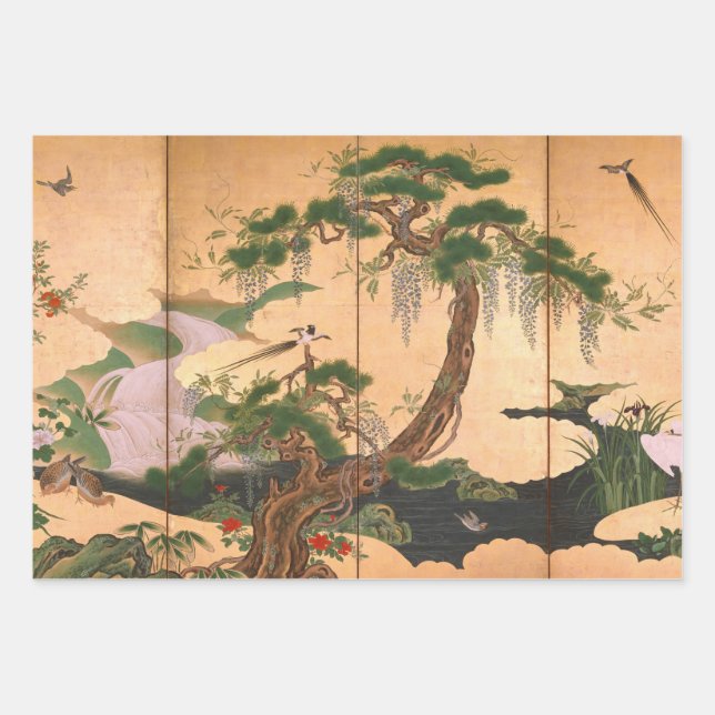 Kano Eino Birds and Flowers of Spring and Summer W Wrapping Paper Sheet (Front)