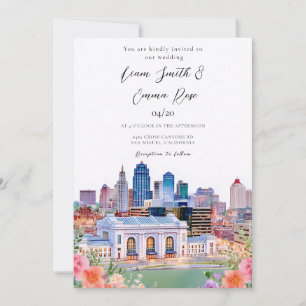  Kansas City Missouri Watercolor Skyline Wedding Invitation