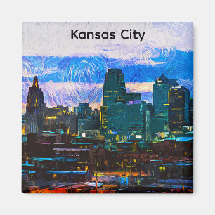 Kansas City Oil Paint Panorama View Vintage Magnet