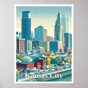 Kansas City USA Art Vintage Travel Illustration Poster