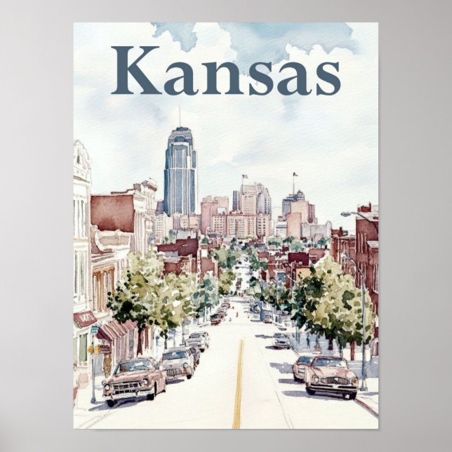 Kansas City Watercolor Painting Travel Poster (Front)