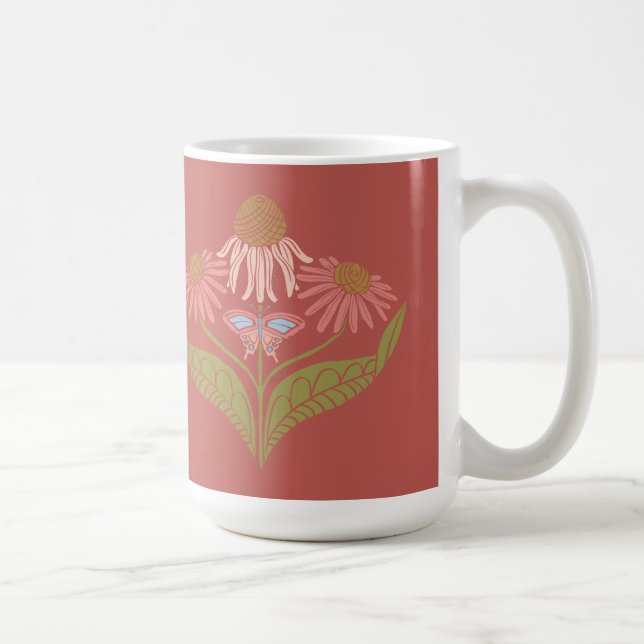 Kansas Cone Flowers 15 oz, Pink, Coral, Green Coffee Mug (Right)