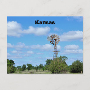 Kansas Country Windmill with blue sky. Postcard
