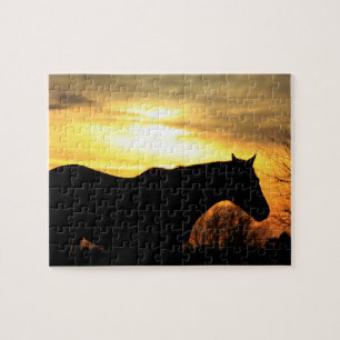 Kansas Horse silhouette Golden Orange Sunset Jigsaw Puzzle