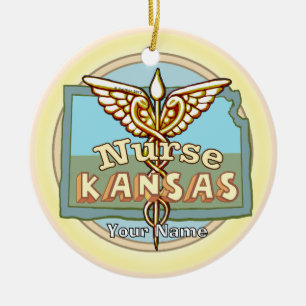 Kansas Nurse Caduceus Ceramic Ornament