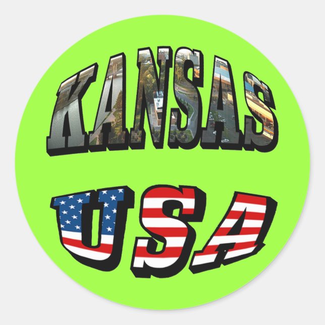 Kansas Picture and USA Flag Font Classic Round Sticker (Front)