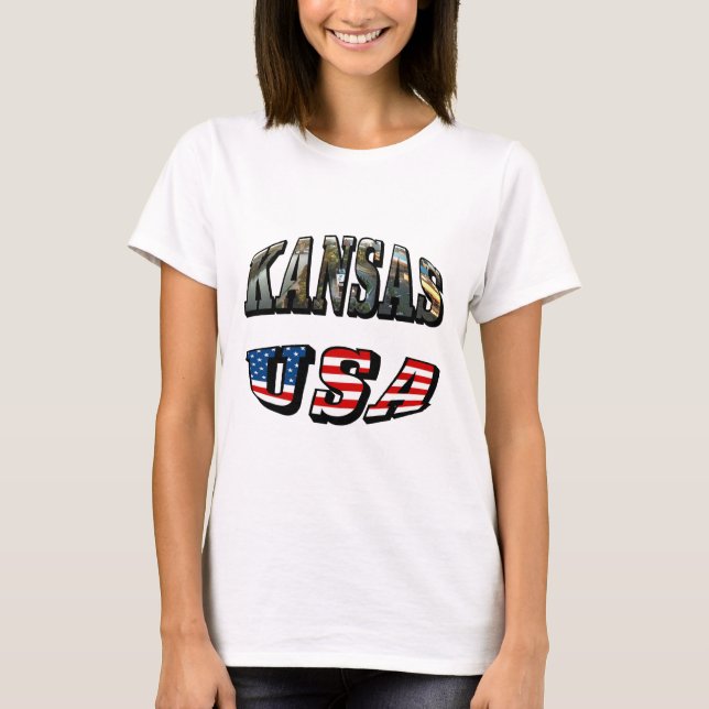 Kansas Picture and USA Flag Font T-Shirt (Front)