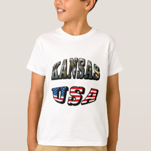 Kansas Picture and USA Flag Font T-Shirt