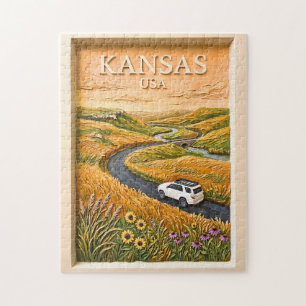 Kansas Prairie Road Trip Vintage Travel Landscape Jigsaw Puzzle