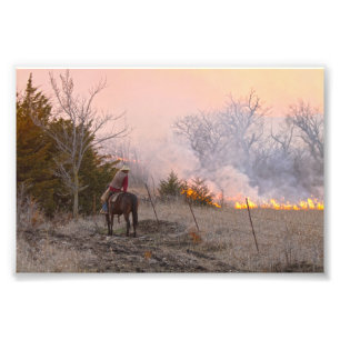 Kansas Rancher Watching a Controlled Prairie Burn Photo Print