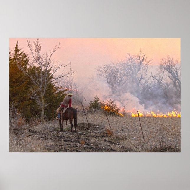 Kansas Rancher Watching a Controlled Prairie Burn Poster (Front)