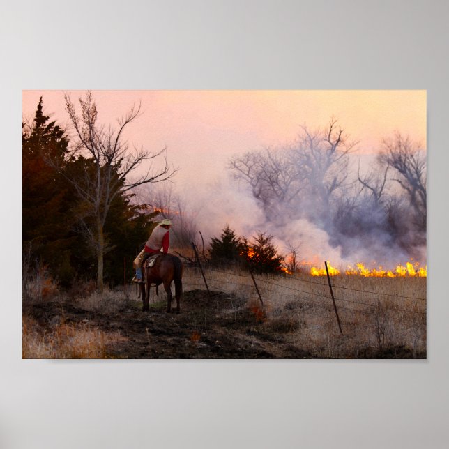 Kansas Rancher Watching a Controlled Prairie Burn Poster (Front)