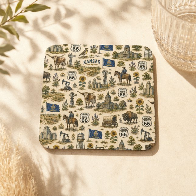 Kansas Route 66 Prairie Sips Square Paper Coaster (Creator Uploaded)