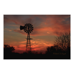 Kansas Sunset with a Windmill Photo Enlargement Print