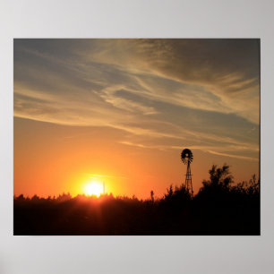 Kansas  Sunset with a Windmill silhouette  Poster