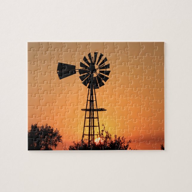 Kansas Sunset with farm Windmill silhouette Jigsaw Puzzle (Horizontal)