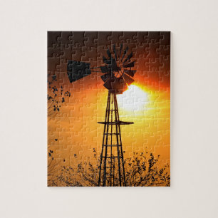 Kansas Sunset with farm Windmill silhouette Jigsaw Puzzle