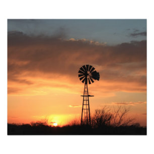 Kansas Sunset with orange sky and Windmill Photo Print