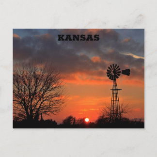 Kansas Sunset with tree and Windmill Postcard