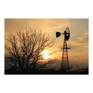 Kansas Sunset with Windmill,clouds, Photo/Poster Photo Print