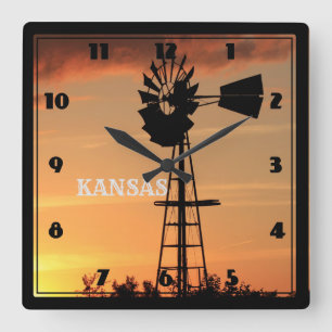 Kansas Sunset with Windmill Silhouette Square Wall Clock