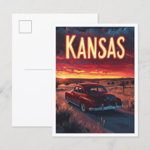 Kansas USA Art Vintage Illustration Travel Postcard