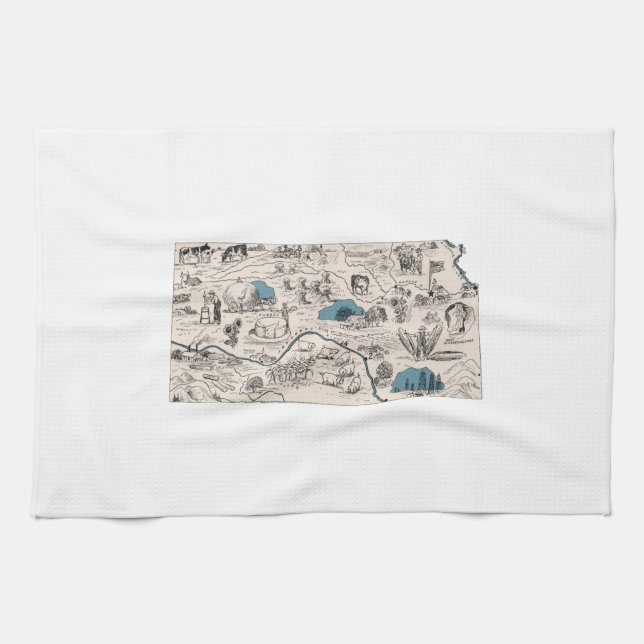 Kansas Vintage Picture Map Tea Towel (Horizontal)