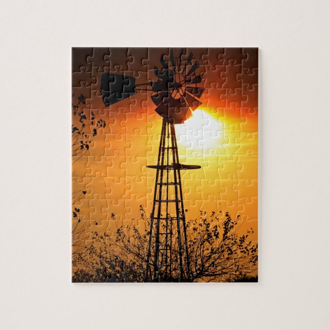 Kansas Windmill Silhouette Sunset Jigsaw Puzzle (Vertical)