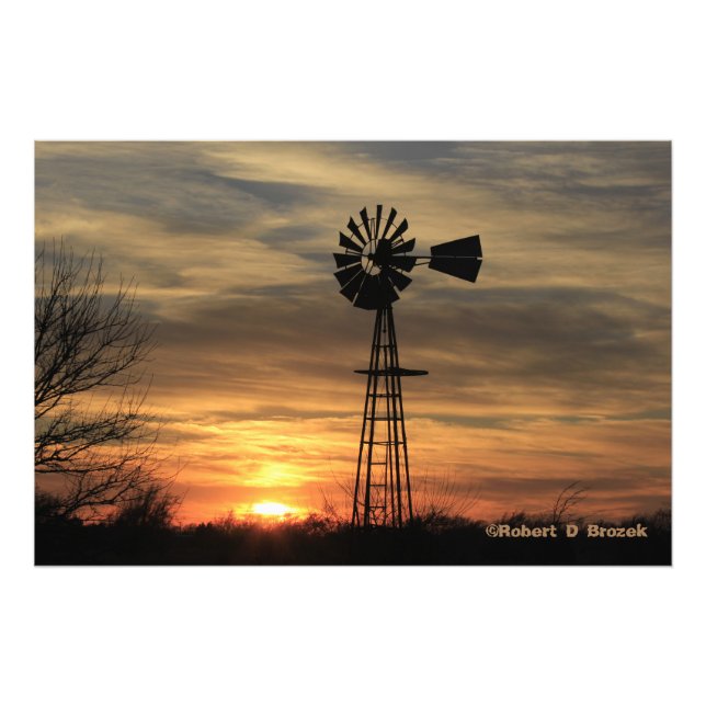 Kansas Windmill Silhouette Sunset Photo Poster. (Front)
