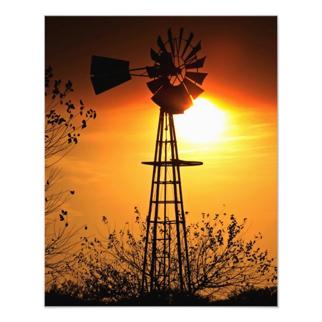 Kansas Windmill Silhouette Sunset Photo Print (Front)