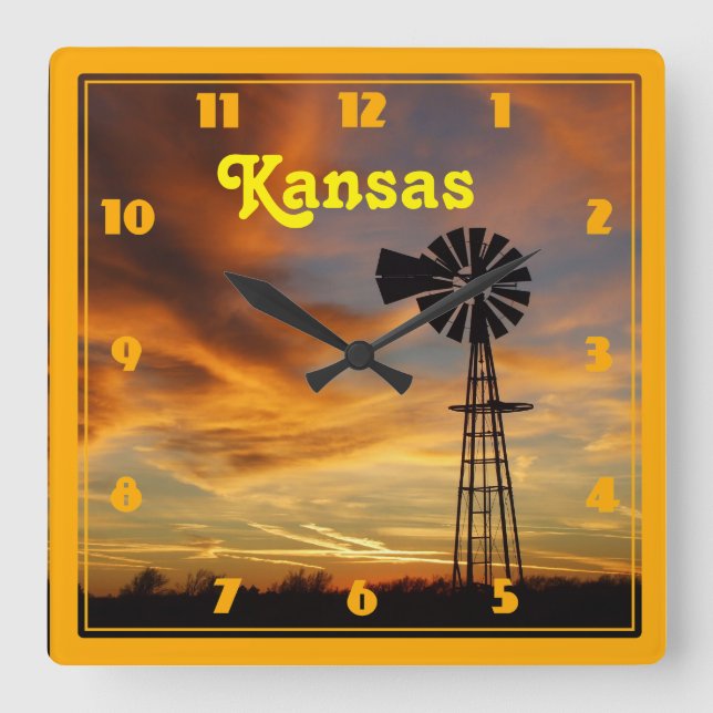 Kansas Windmill Silhouette Sunset Square Wall Clock (Front)