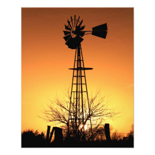 Kansas Windmill Silhouette Sunset with clouds Phot Photo Print