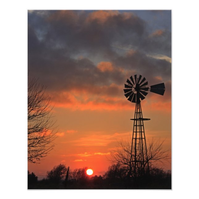 Kansas Windmill Silhouette Sunset with clouds Photo Print (Front)