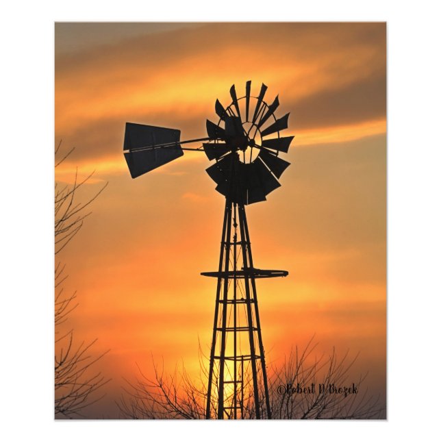 Kansas Windmill Silhouette Sunset with clouds Photo Print (Front)