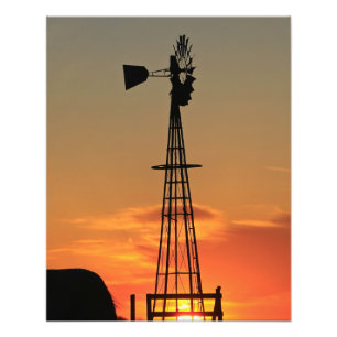 Kansas Windmill Silhouette Sunset with clouds Photo Print