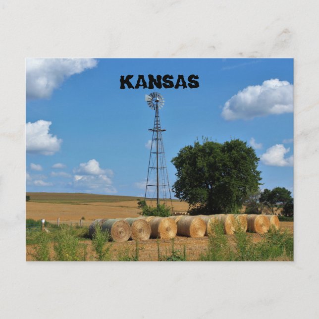 Kansas Windmill with hay bales Post Card (Front)