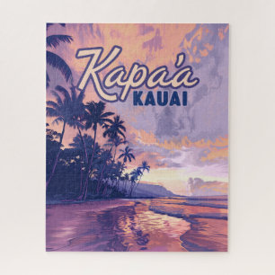 Kapaa Kauai Hawaii Beach Sunset Palm Tree Retro Jigsaw Puzzle
