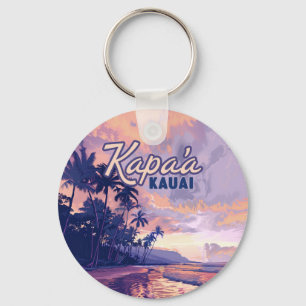 Kapaa Kauai Hawaii Beach Sunset Palm Tree Retro Key Ring