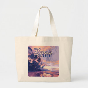 Kapaa Kauai Hawaii Beach Sunset Palm Tree Retro Large Tote Bag